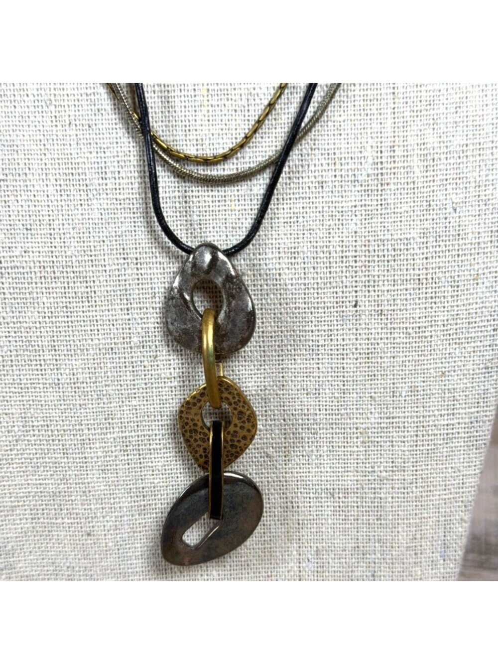 3 Cord Necklace Pendant Chicos Brutalist Metal Adjustable Gold Silver Boho VTG